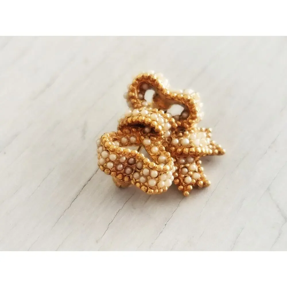 Vintage Signed Ciner Gold Tone Faux Seed Pearl Mini Bow Brooch Pin